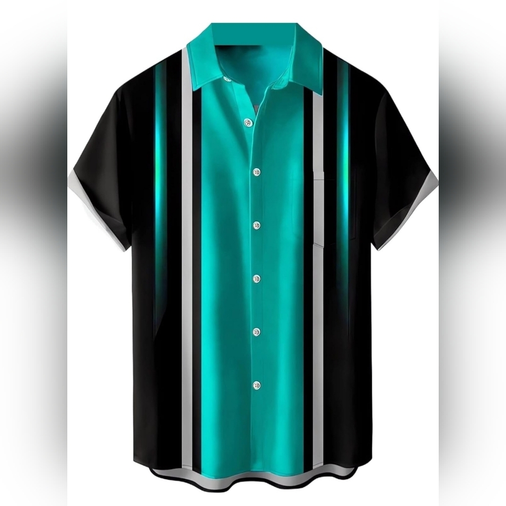 Men's Small Button Down Short Sleeve Shirt Black Gradient Sea Green Chest Pocket